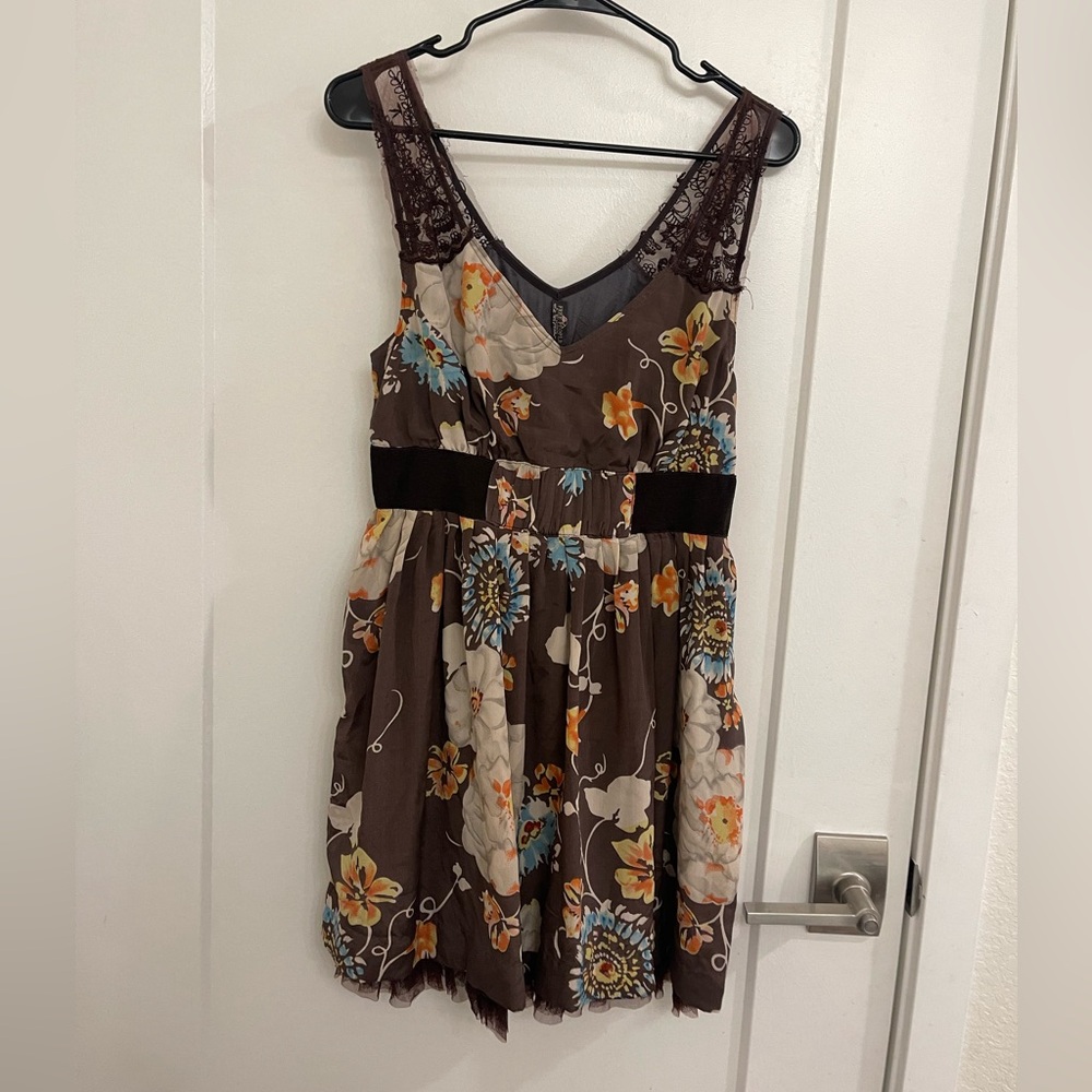 Vintage 2000s Free People Brown Floral Lace-Trim Mini Dress